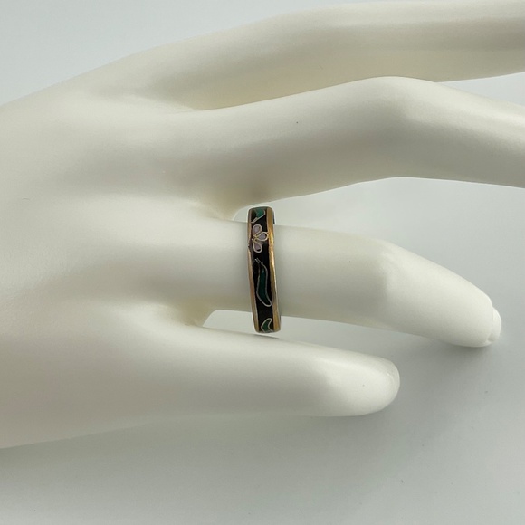 Vintage Black Cloisonne Enamel Ring with Pink Flowers & Green Leaves - Picture 5 of 9